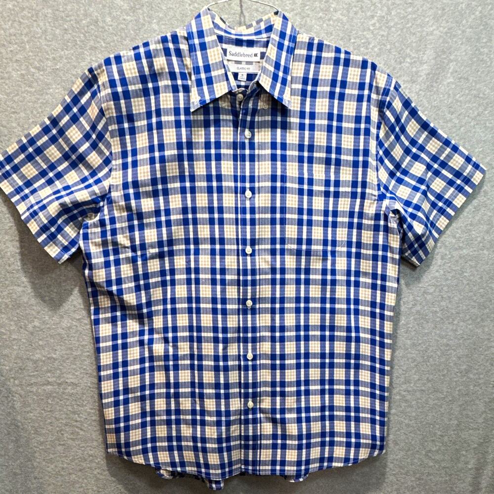 Saddlebred Mens XL Classic Fit Woven Cotton Blue Plaid Short Sleeve Button-Up